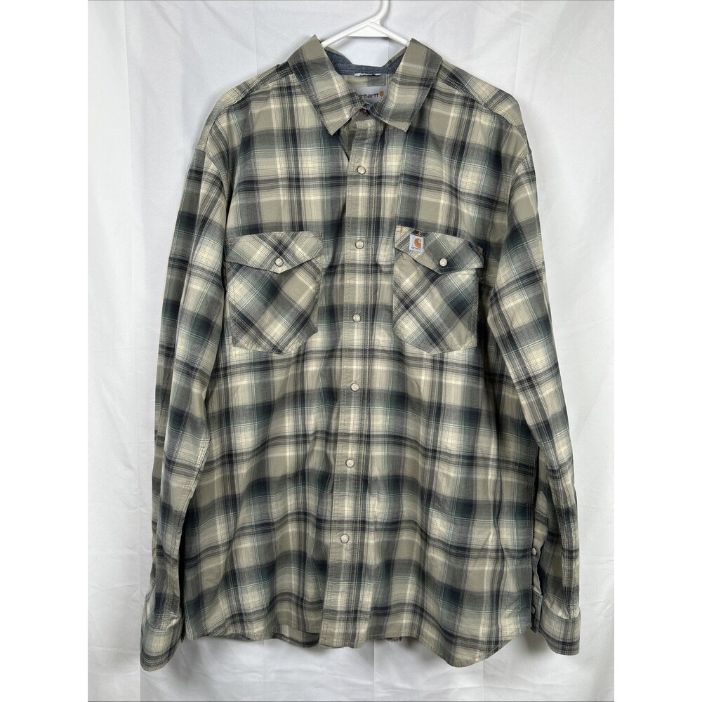Carhartt Shirt Men's XL Gray Green Plaid Pearl Snap Relaxed Fit Cotton